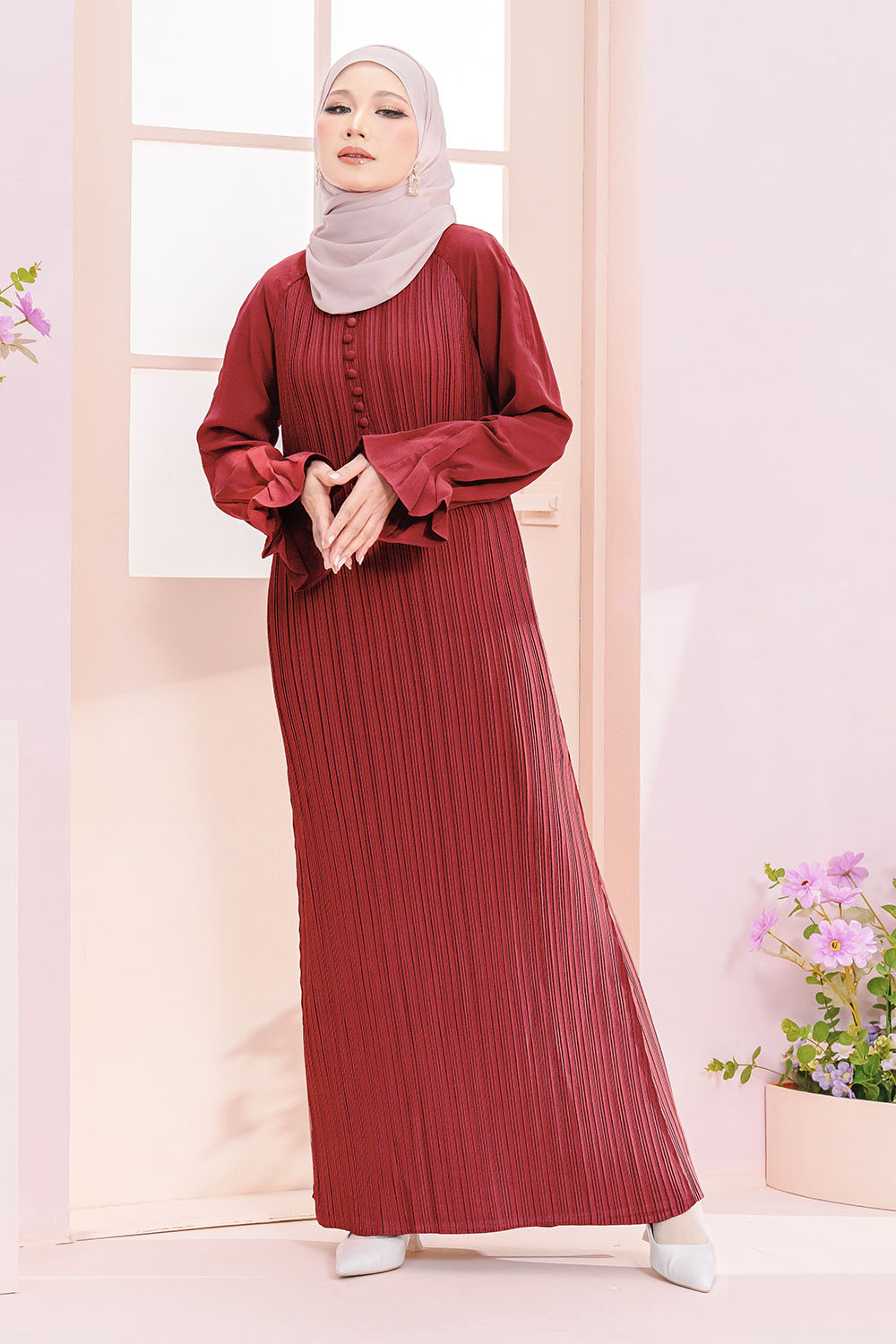 Alia Pleated Dress Maroon