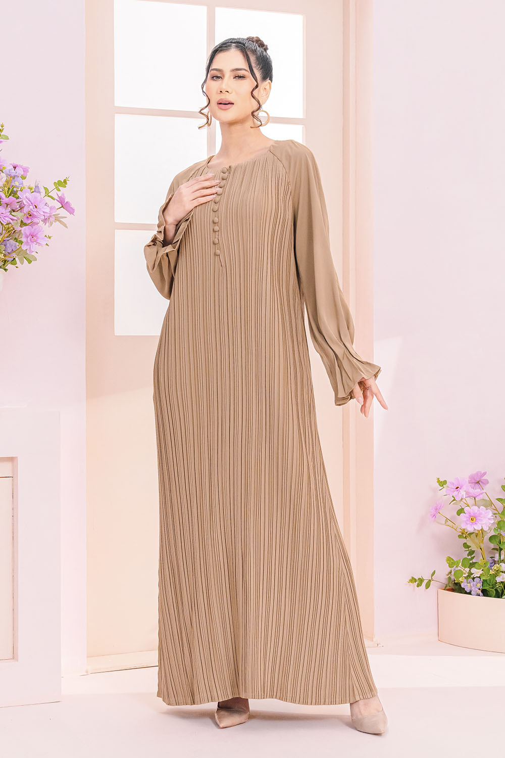 Alia Pleated Dress Nude Beige