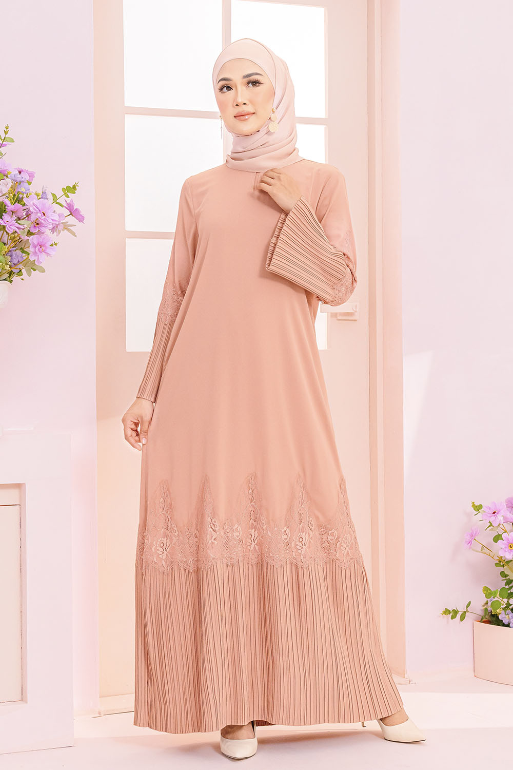 Camellia Pleated Abaya Nude Pink