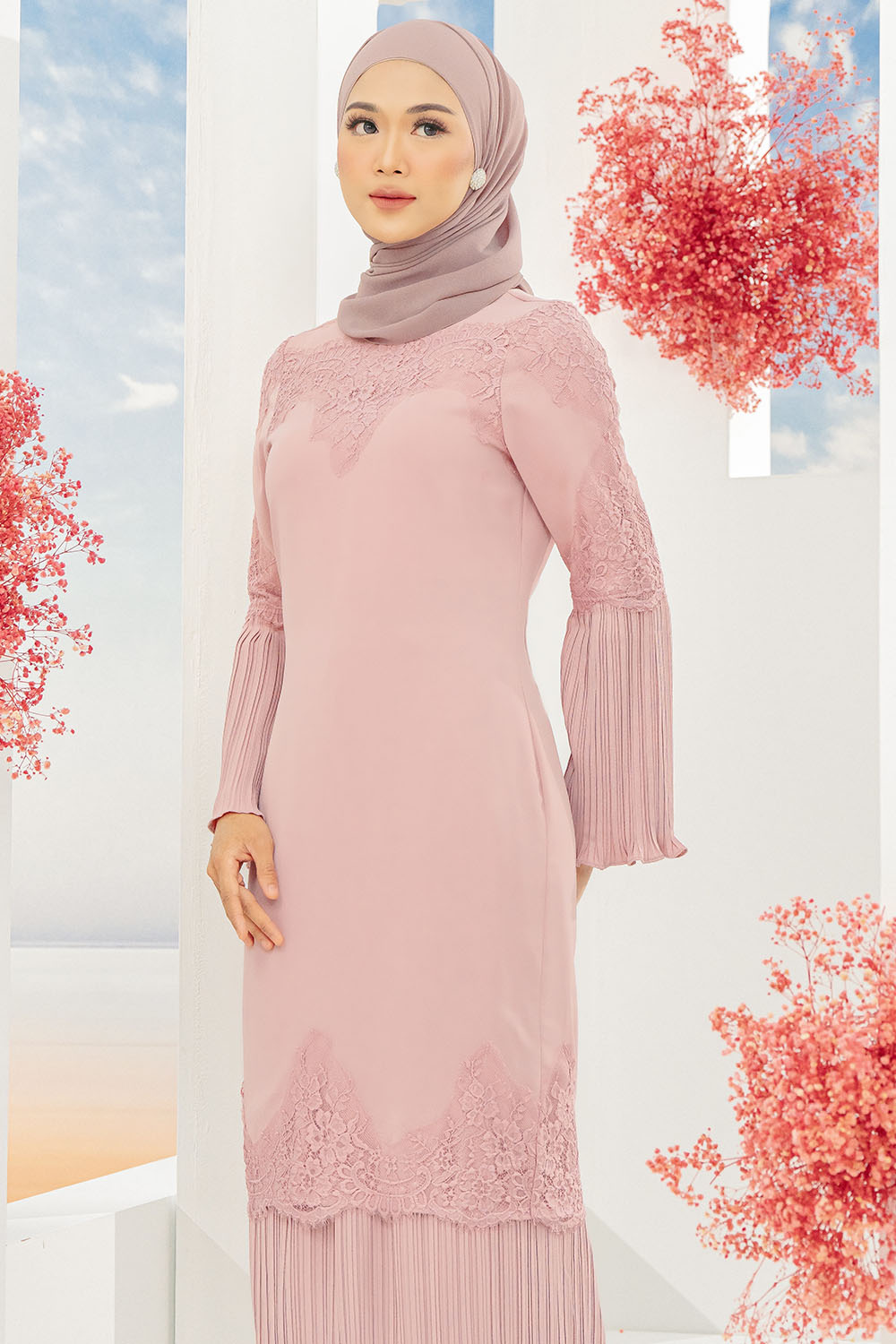 Ariel Pleated Kurung Pale French Pink